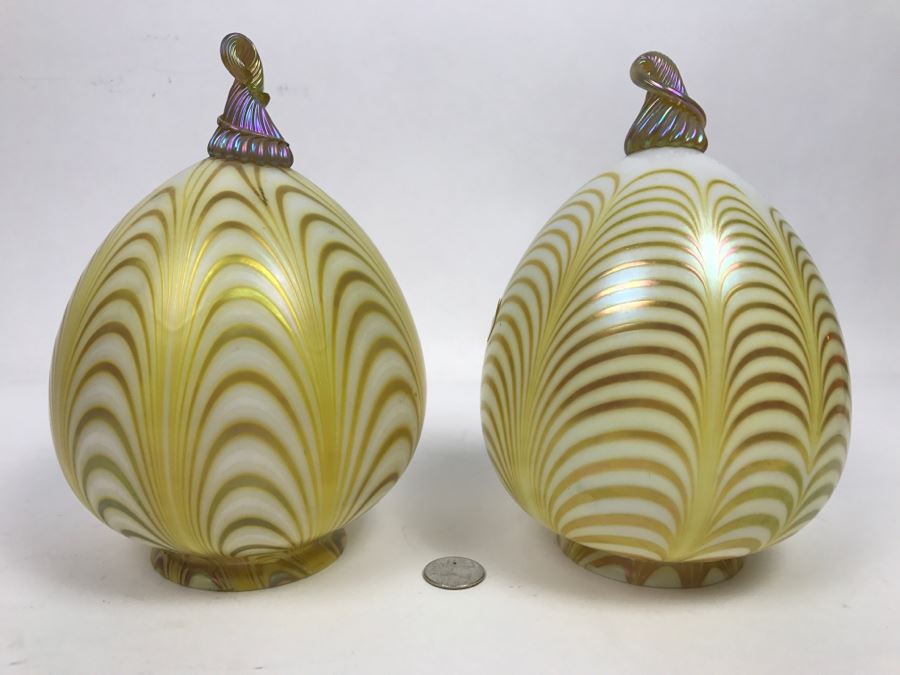 Vintage Pair Of Hand Painted Art Glass Light Shades Signed On Rim Signature Illegible