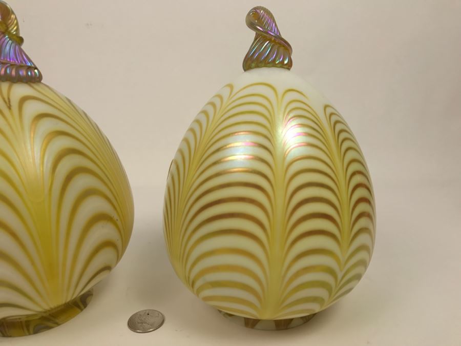 Vintage Pair Of Hand Painted Art Glass Light Shades Signed On Rim Signature Illegible [Photo 4]