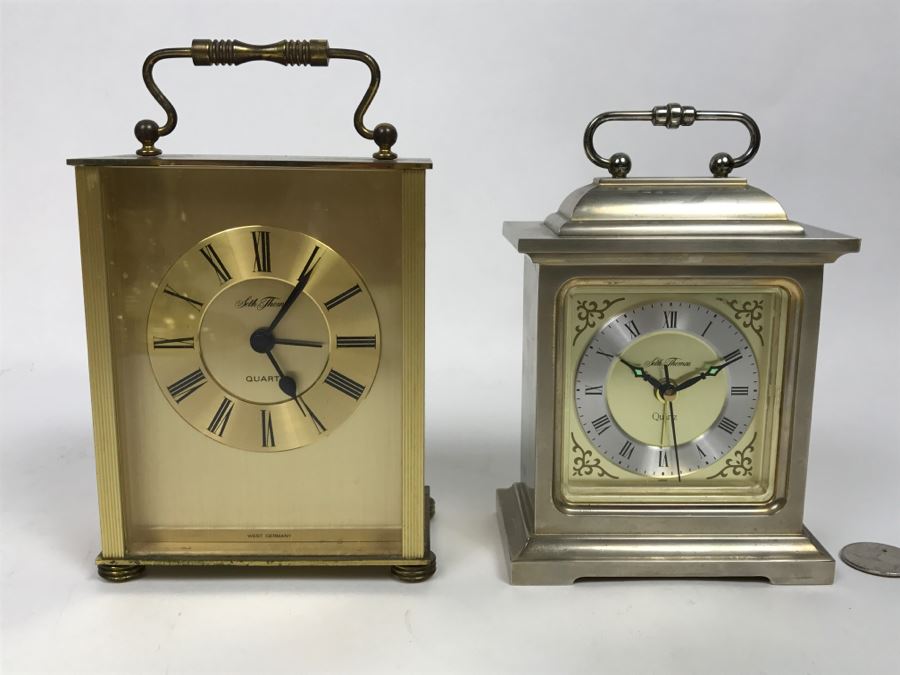Pair Of Battery Powered Seth Thomas Reproduction Carriage Clocks Mantel Clock