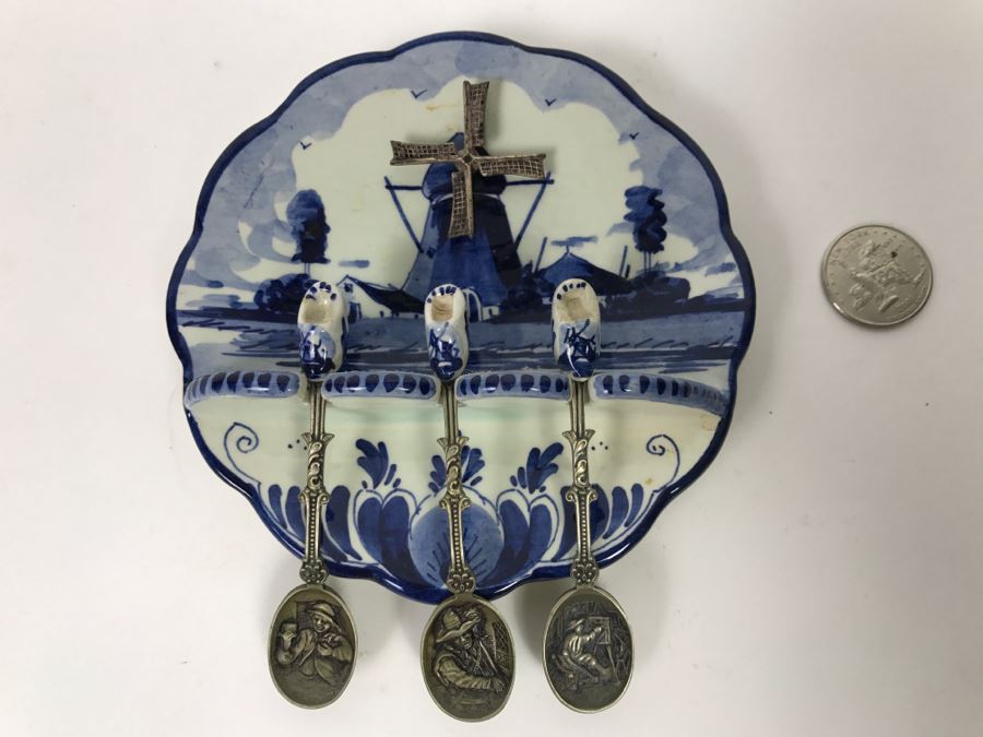 Vintage Wall Mounted Spoon Holder Delfts Blauw Blue Delft Hand Painted In Holland With Spoons