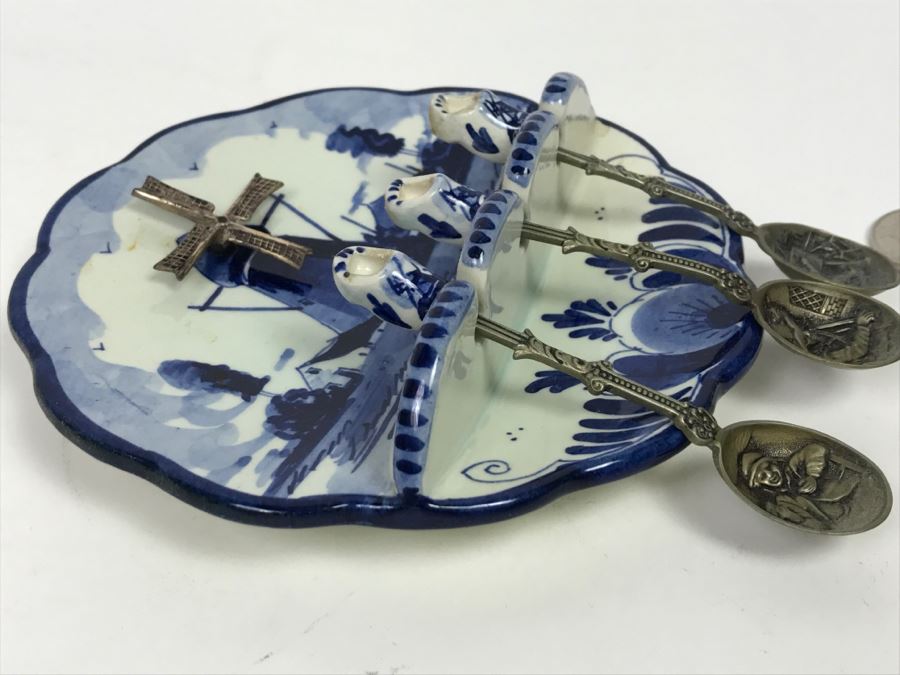 Vintage Wall Mounted Spoon Holder Delfts Blauw Blue Delft Hand Painted In Holland With Spoons [Photo 7]