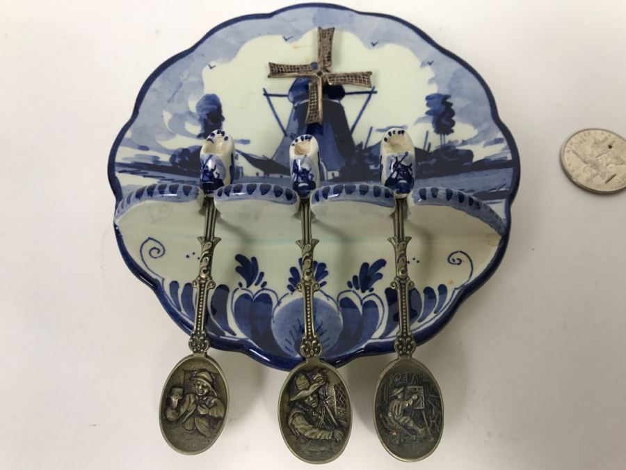 Vintage Wall Mounted Spoon Holder Delfts Blauw Blue Delft Hand Painted In Holland With Spoons [Photo 3]
