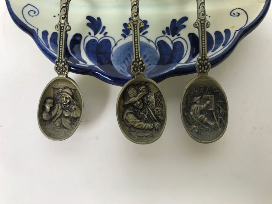 Vintage Wall Mounted Spoon Holder Delfts Blauw Blue Delft Hand Painted In Holland With Spoons [Photo 4]