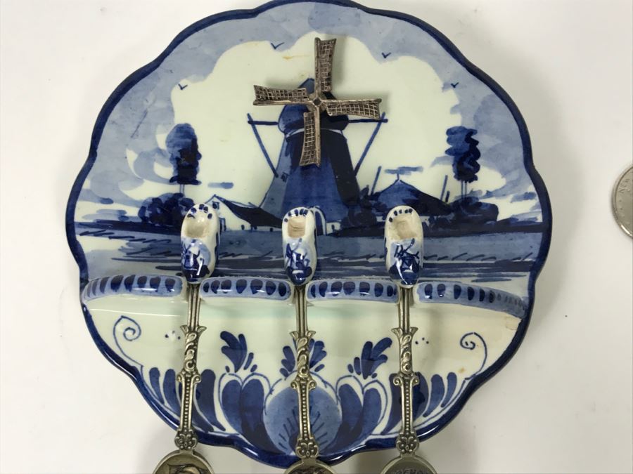 Vintage Wall Mounted Spoon Holder Delfts Blauw Blue Delft Hand Painted In Holland With Spoons [Photo 6]