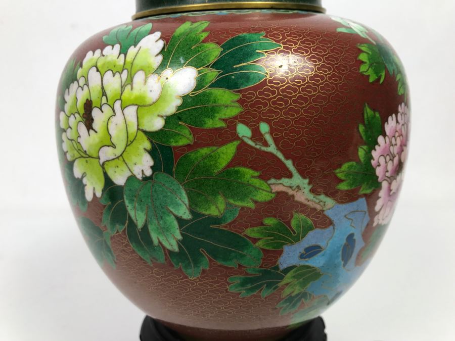 Vintage Chinese Cloisonne Ginger Jar With Chrysanthemums And Wooden Stand [Photo 9]
