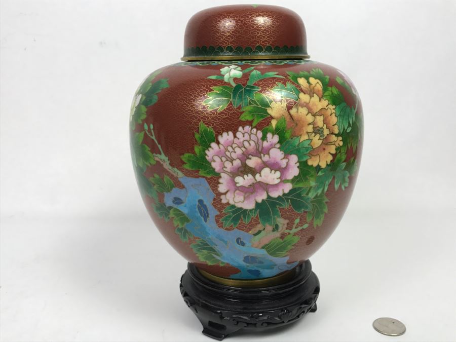 Vintage Chinese Cloisonne Ginger Jar With Chrysanthemums And Wooden Stand [Photo 2]