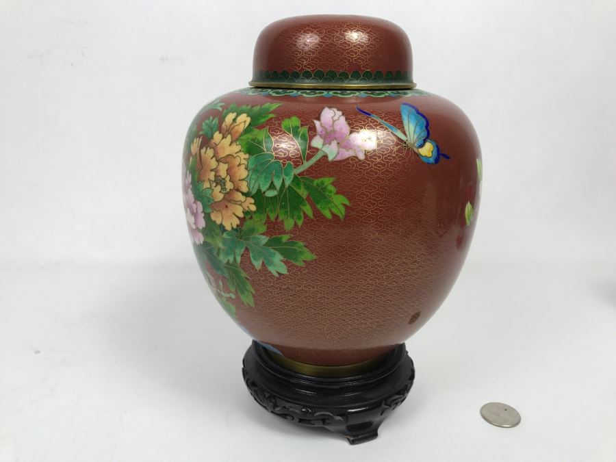 Vintage Chinese Cloisonne Ginger Jar With Chrysanthemums And Wooden Stand [Photo 5]