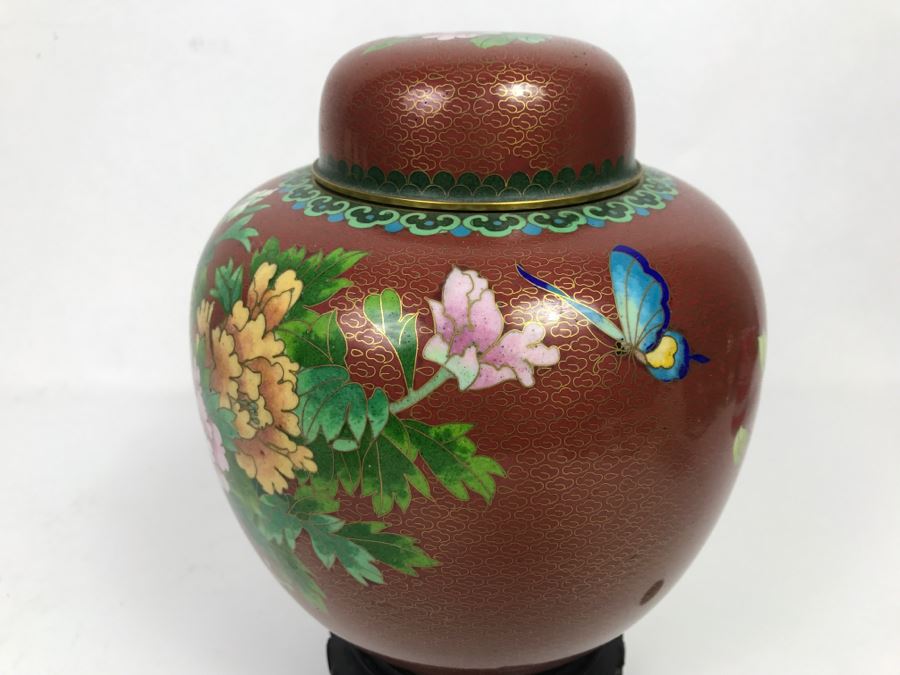 Vintage Chinese Cloisonne Ginger Jar With Chrysanthemums And Wooden Stand [Photo 6]