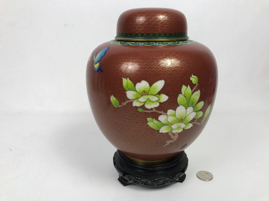 Vintage Chinese Cloisonne Ginger Jar With Chrysanthemums And Wooden Stand [Photo 7]