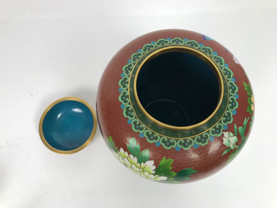 Vintage Chinese Cloisonne Ginger Jar With Chrysanthemums And Wooden Stand [Photo 11]
