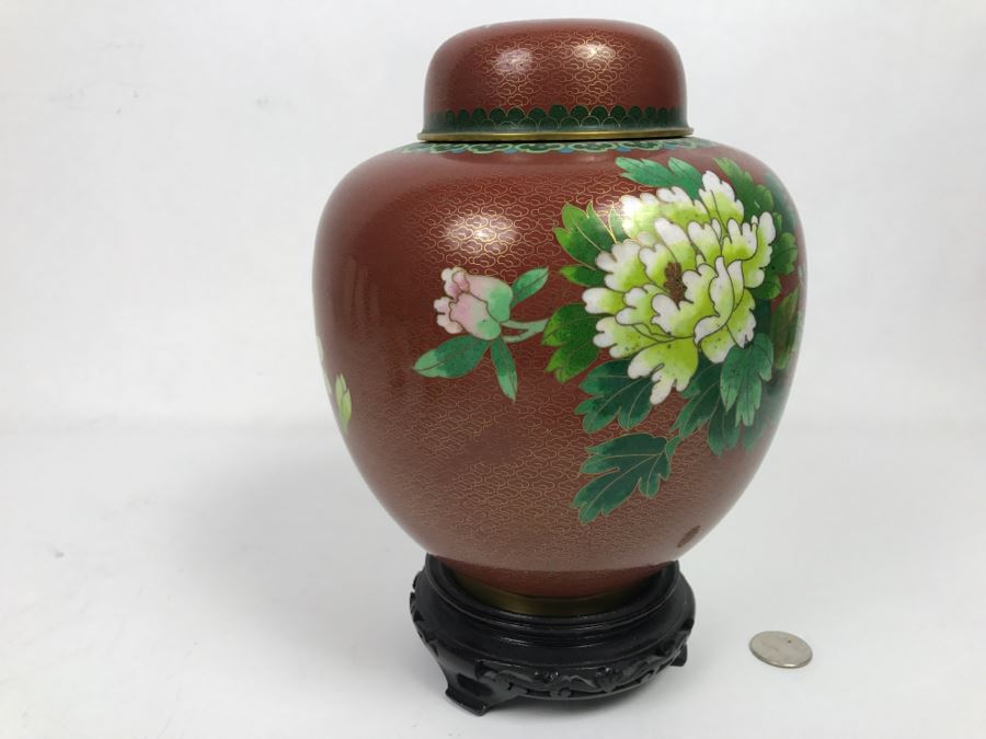 Vintage Chinese Cloisonne Ginger Jar With Chrysanthemums And Wooden Stand [Photo 8]