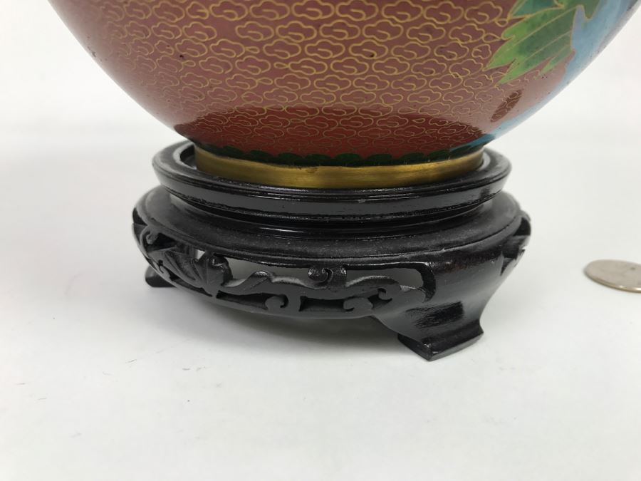 Vintage Chinese Cloisonne Ginger Jar With Chrysanthemums And Wooden Stand [Photo 10]