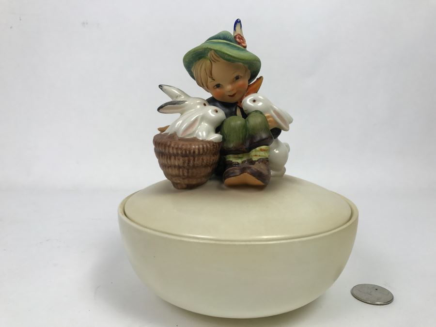 Hummel Playmates Boy With Rabbits Covered Bowl Dish 5.5' Diameter