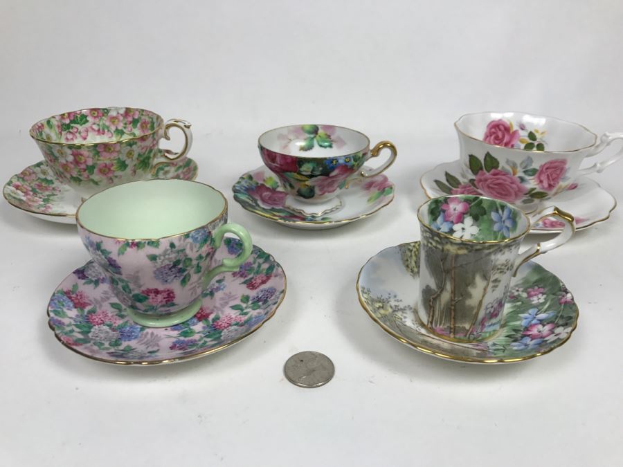 Set Of (5) Vintage China Cups And Saucers: Aragon, Shelley, Crown China And Chubu China Occupied Japan [Photo 2]