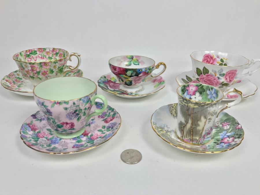 Set Of (5) Vintage China Cups And Saucers: Aragon, Shelley, Crown China And Chubu China Occupied Japan [Photo 1]