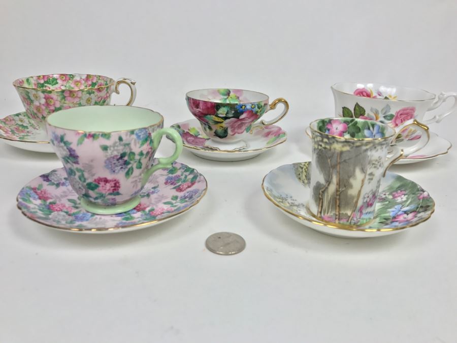 Set Of (5) Vintage China Cups And Saucers: Aragon, Shelley, Crown China And Chubu China Occupied Japan [Photo 3]