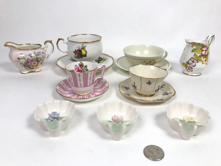 Set Of (4) Vintage China Cups And Saucers, (2) Creamers And (3) China Dishes: Crown, Leneige, Limoges Vignaud, Rosina, Royal Albert, Foley Bone China [Photo 1]