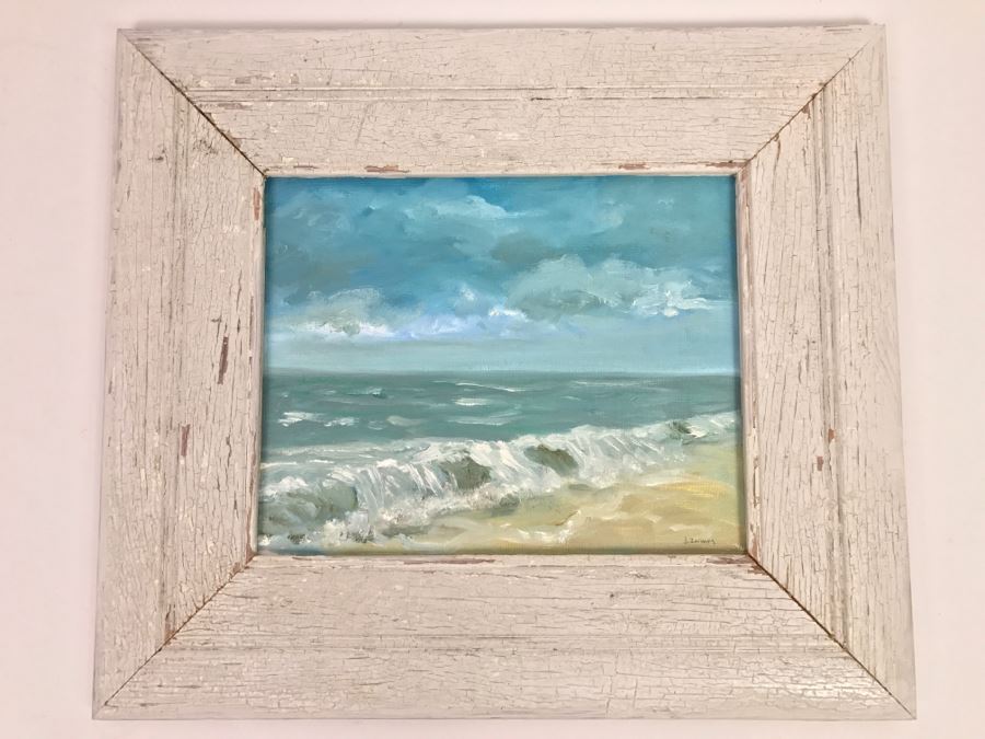 Original Plein Air Coastal Ocean Oil Painting By J. Zaimes Titled 'Stormy By Stone Beach' In Shabby Chic Frame [Photo 4]