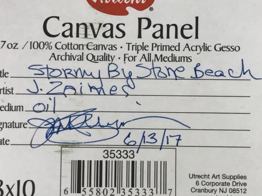 Original Plein Air Coastal Ocean Oil Painting By J. Zaimes Titled 'Stormy By Stone Beach' In Shabby Chic Frame [Photo 10]