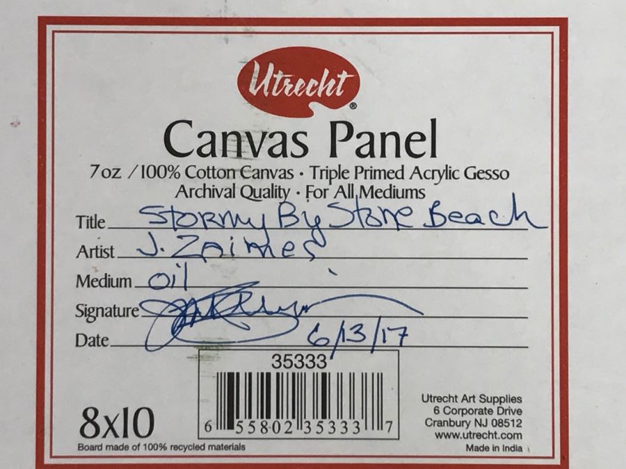 Original Plein Air Coastal Ocean Oil Painting By J. Zaimes Titled 'Stormy By Stone Beach' In Shabby Chic Frame [Photo 2]