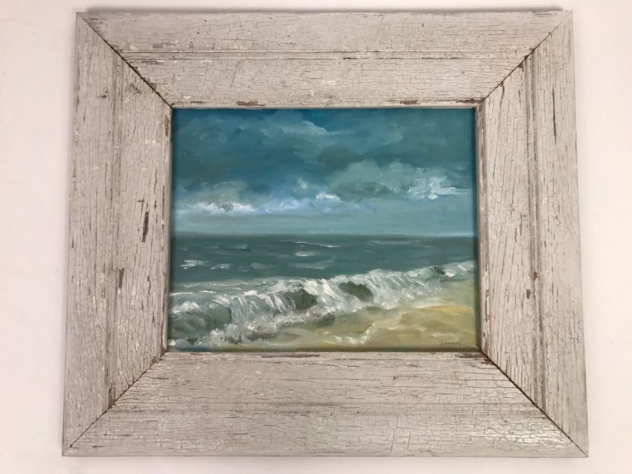 Original Plein Air Coastal Ocean Oil Painting By J. Zaimes Titled 'Stormy By Stone Beach' In Shabby Chic Frame [Photo 5]