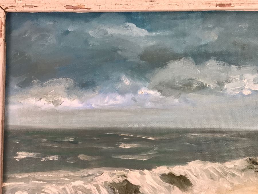 Original Plein Air Coastal Ocean Oil Painting By J. Zaimes Titled 'Stormy By Stone Beach' In Shabby Chic Frame [Photo 9]