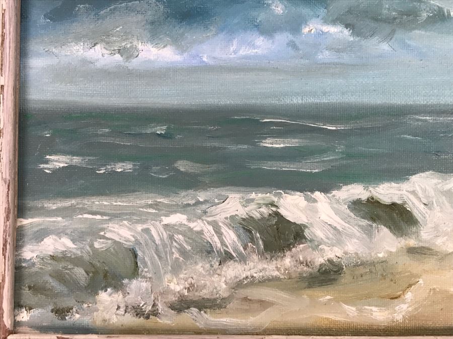 Original Plein Air Coastal Ocean Oil Painting By J. Zaimes Titled 'Stormy By Stone Beach' In Shabby Chic Frame [Photo 7]
