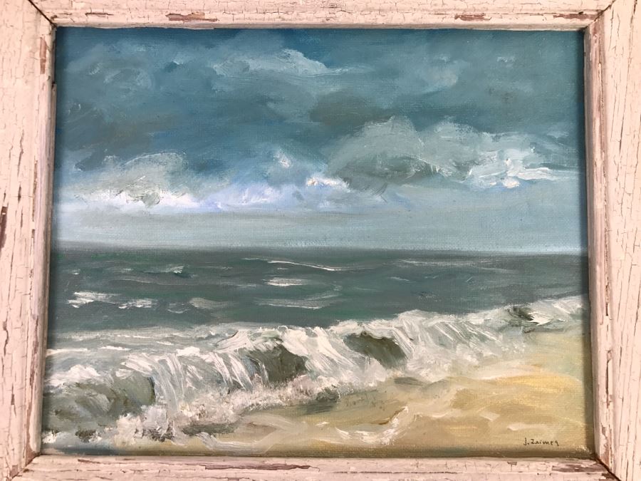 Original Plein Air Coastal Ocean Oil Painting By J. Zaimes Titled 'Stormy By Stone Beach' In Shabby Chic Frame [Photo 6]