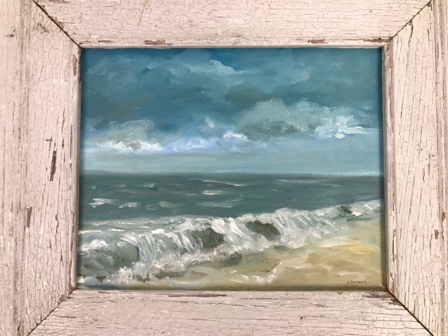 Original Plein Air Coastal Ocean Oil Painting By J. Zaimes Titled 'Stormy By Stone Beach' In Shabby Chic Frame [Photo 1]
