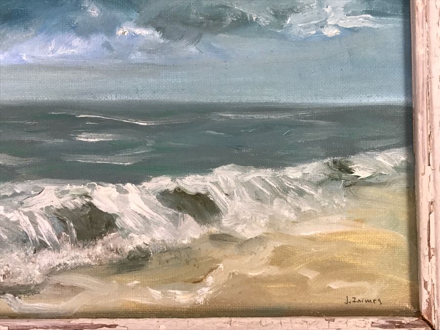 Original Plein Air Coastal Ocean Oil Painting By J. Zaimes Titled 'Stormy By Stone Beach' In Shabby Chic Frame [Photo 8]