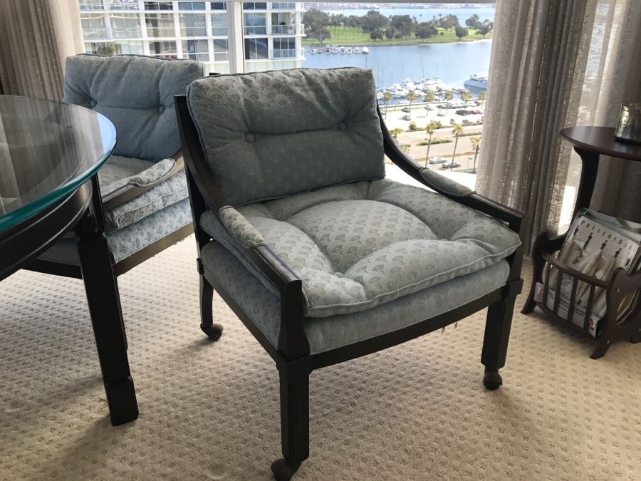Mid-Century Round Glass Top Dining Table With Wooden Base And (4) Chairs On Casters [Photo 16]