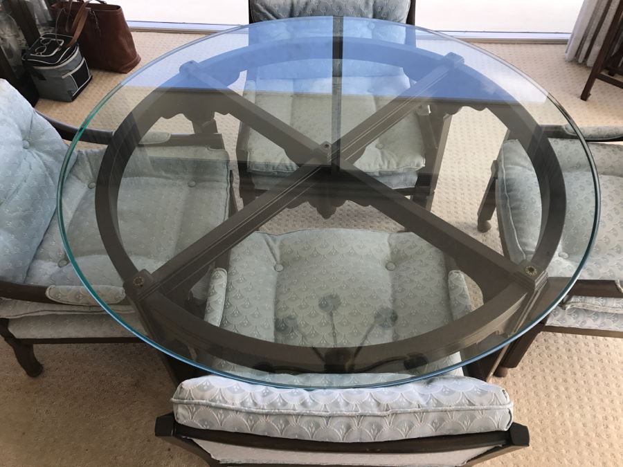 Mid-Century Round Glass Top Dining Table With Wooden Base And (4) Chairs On Casters [Photo 7]