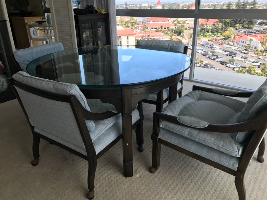 Mid-Century Round Glass Top Dining Table With Wooden Base And (4) Chairs On Casters [Photo 6]
