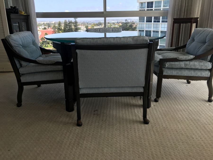 Mid-Century Round Glass Top Dining Table With Wooden Base And (4) Chairs On Casters [Photo 9]