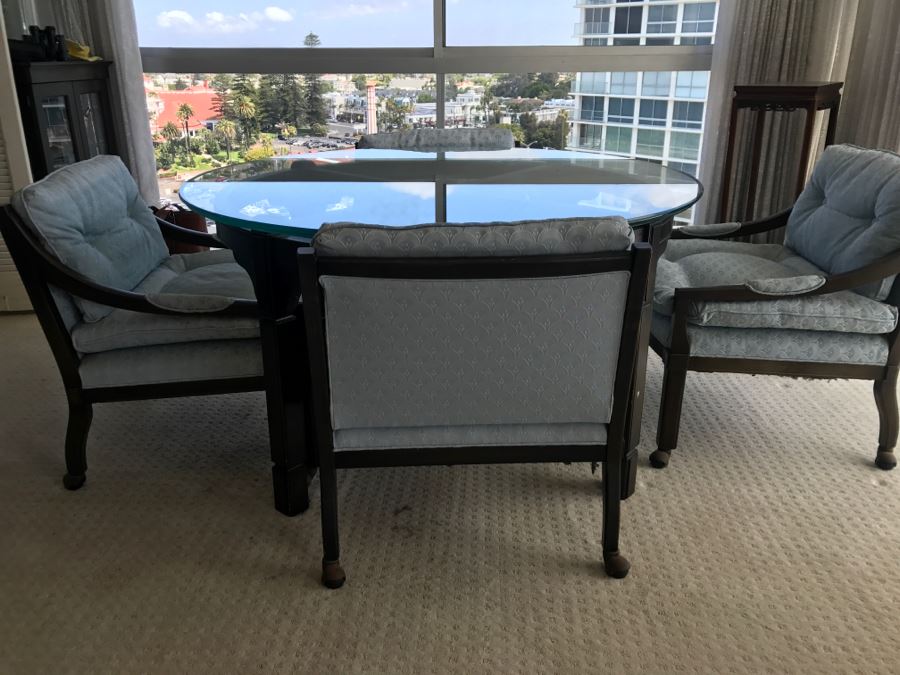 Mid-Century Round Glass Top Dining Table With Wooden Base And (4) Chairs On Casters [Photo 8]