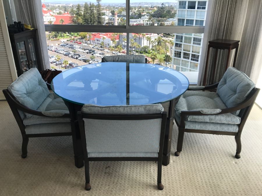 Mid-Century Round Glass Top Dining Table With Wooden Base And (4) Chairs On Casters [Photo 3]