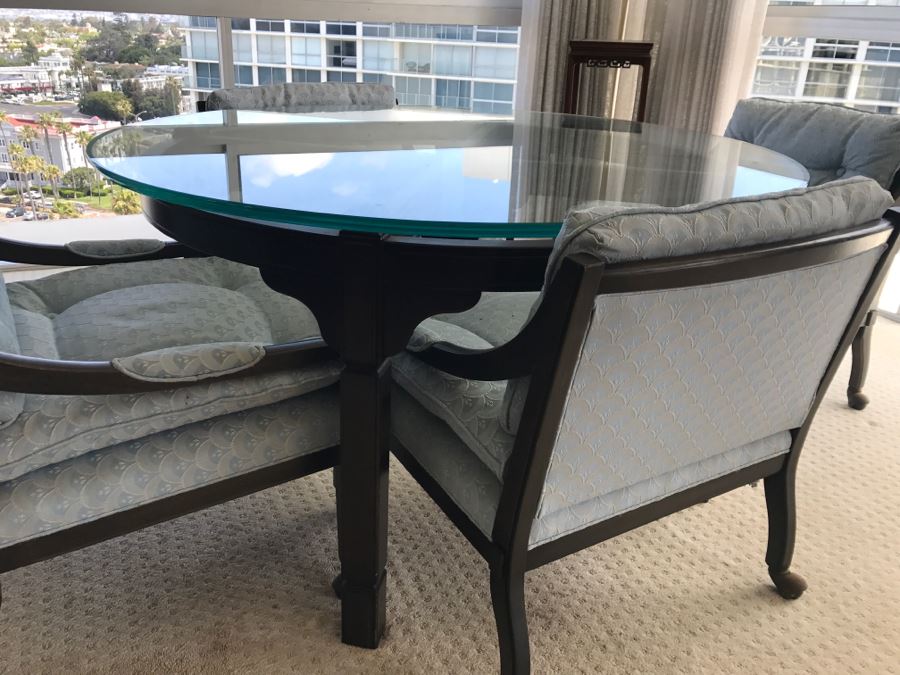 Mid-Century Round Glass Top Dining Table With Wooden Base And (4) Chairs On Casters [Photo 11]