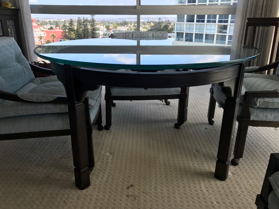 Mid-Century Round Glass Top Dining Table With Wooden Base And (4) Chairs On Casters [Photo 12]