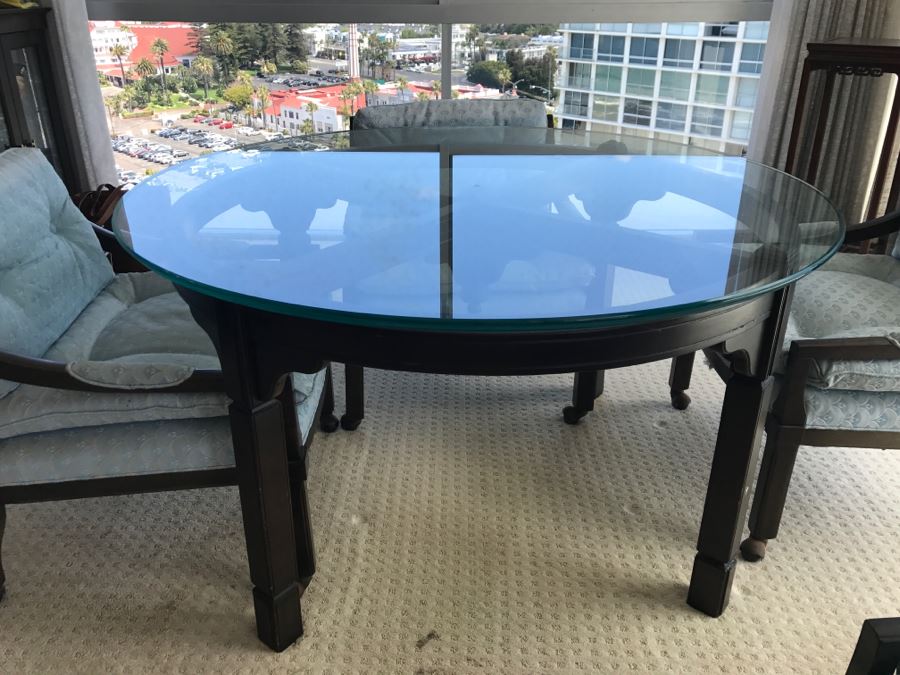 Mid-Century Round Glass Top Dining Table With Wooden Base And (4) Chairs On Casters [Photo 13]