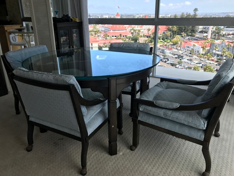 Mid-Century Round Glass Top Dining Table With Wooden Base And (4) Chairs On Casters [Photo 5]