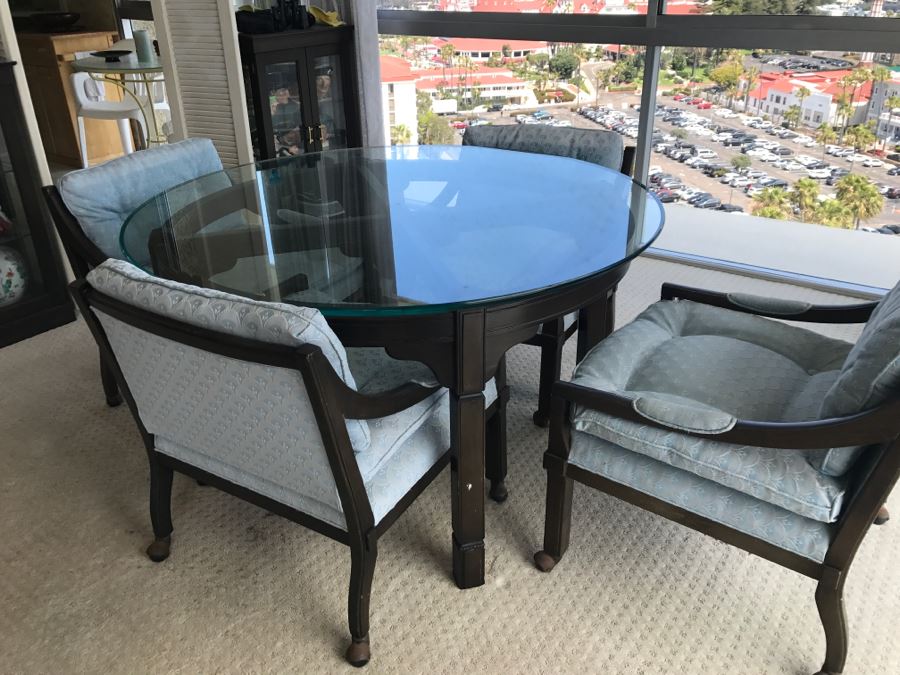 Mid-Century Round Glass Top Dining Table With Wooden Base And (4) Chairs On Casters [Photo 2]