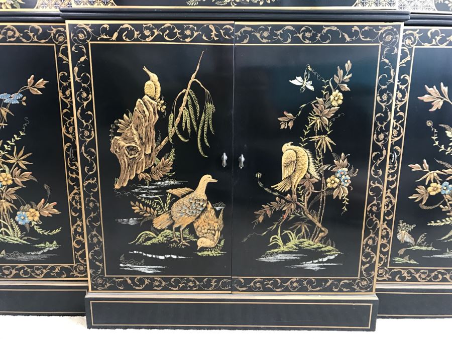 Mid-Century Black Chinoiserie China Curio Cabinet With Gold Painting [Photo 9]
