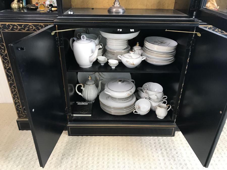 Mid-Century Black Chinoiserie China Curio Cabinet With Gold Painting [Photo 11]