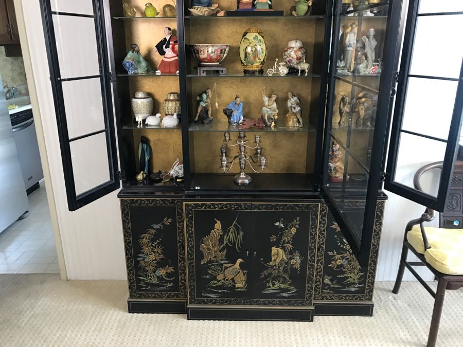 Mid-Century Black Chinoiserie China Curio Cabinet With Gold Painting [Photo 3]