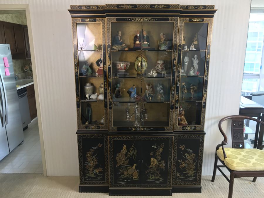 Mid-Century Black Chinoiserie China Curio Cabinet With Gold Painting [Photo 4]