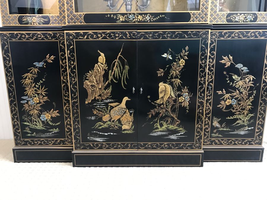 Mid-Century Black Chinoiserie China Curio Cabinet With Gold Painting [Photo 8]
