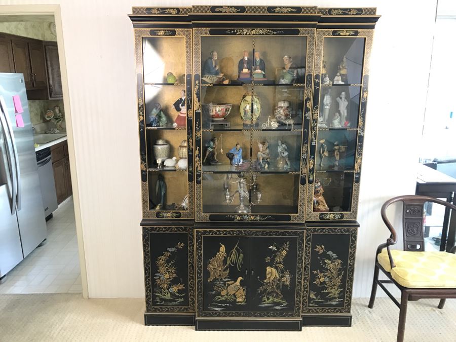 Mid-Century Black Chinoiserie China Curio Cabinet With Gold Painting [Photo 1]