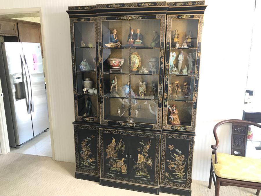 Mid-Century Black Chinoiserie China Curio Cabinet With Gold Painting [Photo 7]