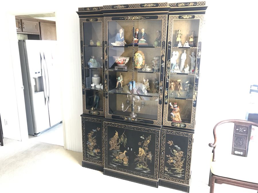Mid-Century Black Chinoiserie China Curio Cabinet With Gold Painting [Photo 6]