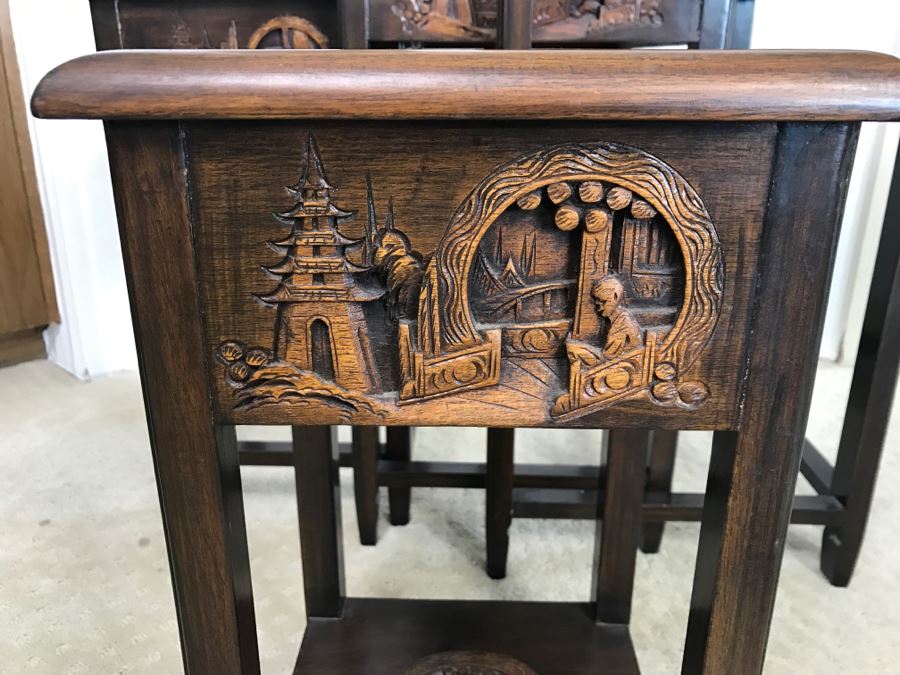 Set Of (4) George Zee & Co Kiln Dried Art Carved Furniture Nesting Tables From Hong Kong [Photo 13]